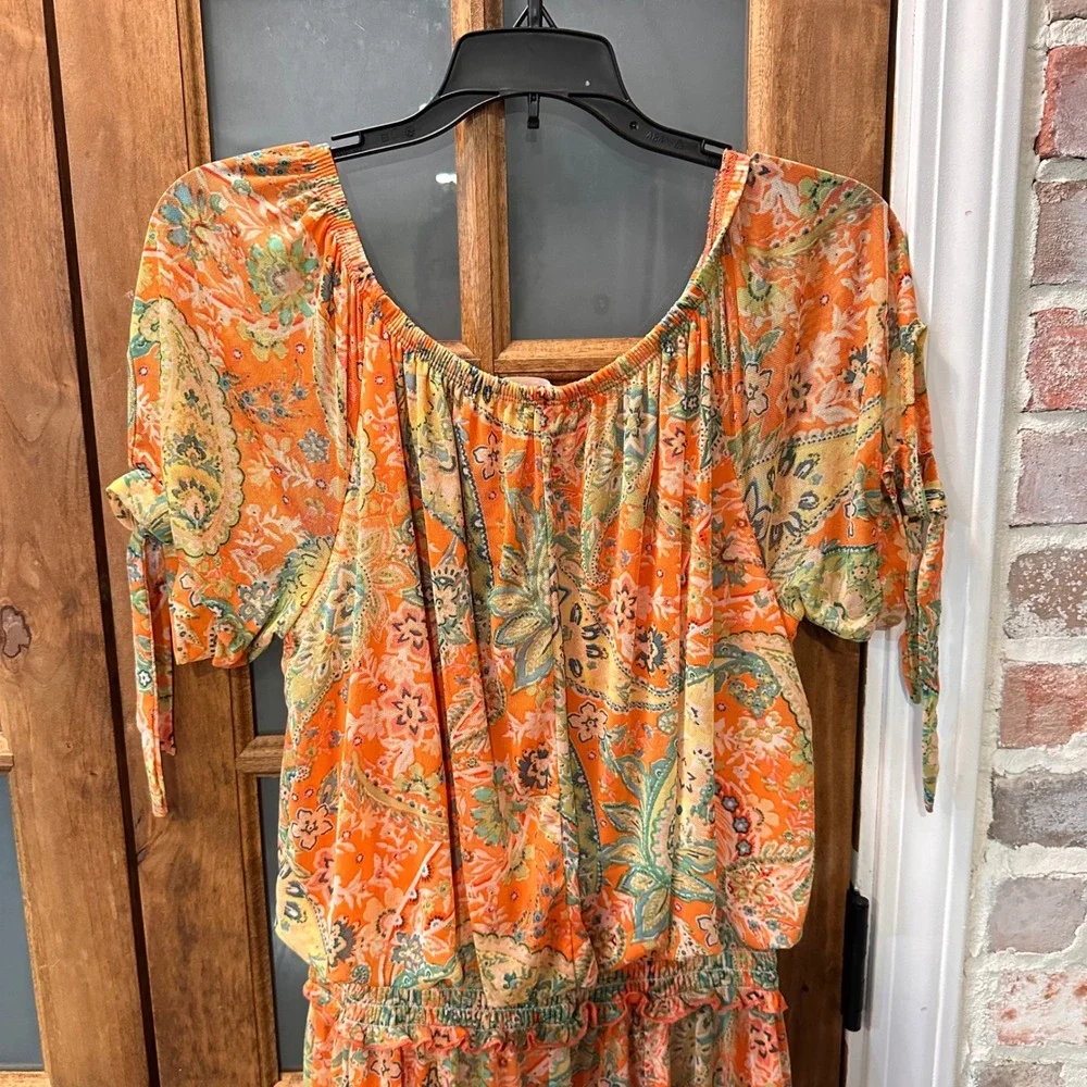 Joie de Vivre Tiered Mesh Midi Dress Women Size M Orange Paisley Smocked Waist - Picture 5 of 13